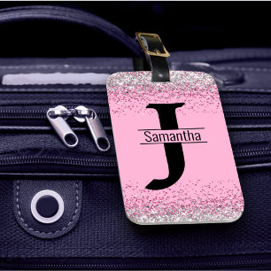 Etiqueta De Bagagem Monograma cintilante prateado rosado elegante