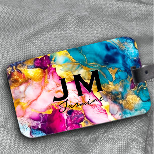 Etiqueta De Bagagem Monograma cinzento de mármore, colorido, chic