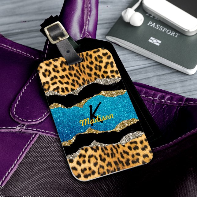 Etiqueta De Bagagem Monograma cinzento de turquesa de impressão cinzen (Criador carregado)