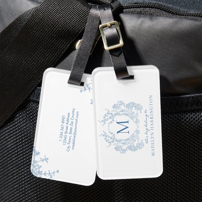 Etiqueta De Bagagem Monograma Clássico de Pó Azul (Criador carregado)
