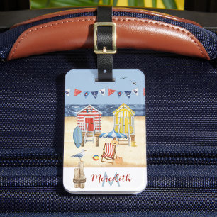 Etiqueta De Bagagem Monograma da Cena de Verão de Praia Diversa