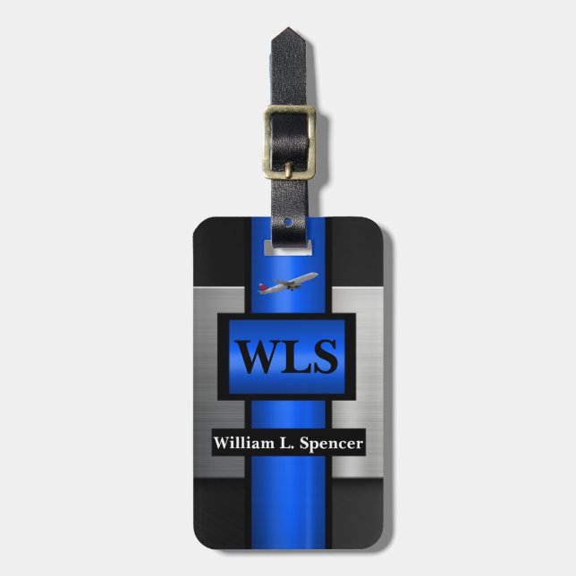 Etiqueta De Bagagem Monograma da Cinza Negra Azul Faux (Frente Vertical)