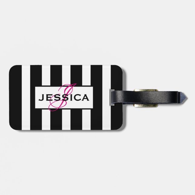 Etiqueta De Bagagem Monograma das faixas preto e branco moderno (Traseira Horizontal)