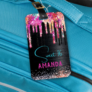 Etiqueta De Bagagem Monograma de aniversário brilhante preto de unicór