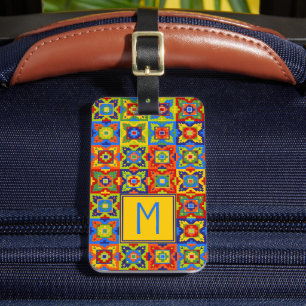 Etiqueta De Bagagem Monograma de Azulejo Geométrico Brilhante e Colori