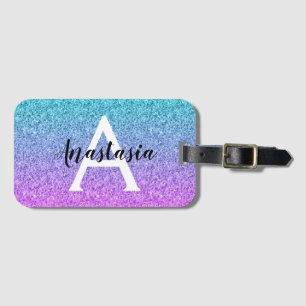 Etiqueta De Bagagem Monograma de Brilho Azul, Cor-de-rosa, brilhante