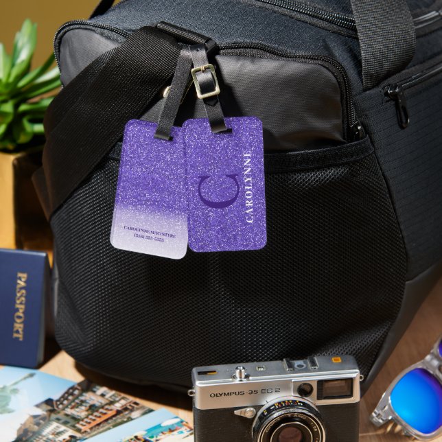 Etiqueta De Bagagem Monograma de Brilho Brilhante Puro Personalizado (Frente e verso)