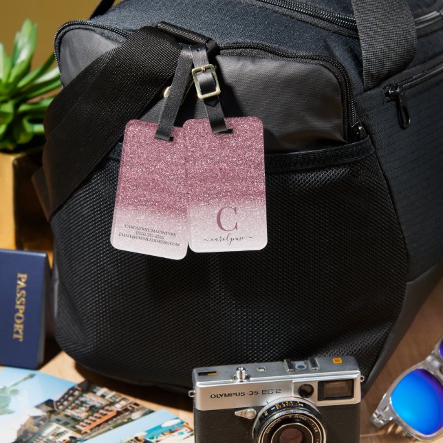 Etiqueta De Bagagem Monograma de brilho rosa-rosado personalizado (Frente e verso)