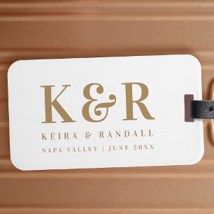 Etiqueta De Bagagem Monograma de Casamento Minimalista Simples Dourado