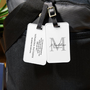 Etiqueta De Bagagem Monograma de Cinzas Mínima Preta de Script Branco 