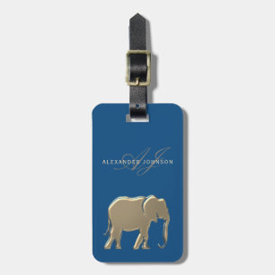 Etiqueta De Bagagem Monograma de Elefante Azul Dourado