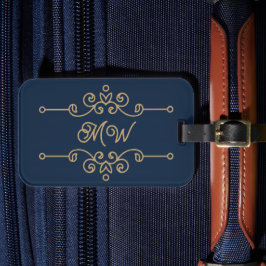 Etiqueta De Bagagem Monograma de Floreio Elegante Azul-Elegante Dourad