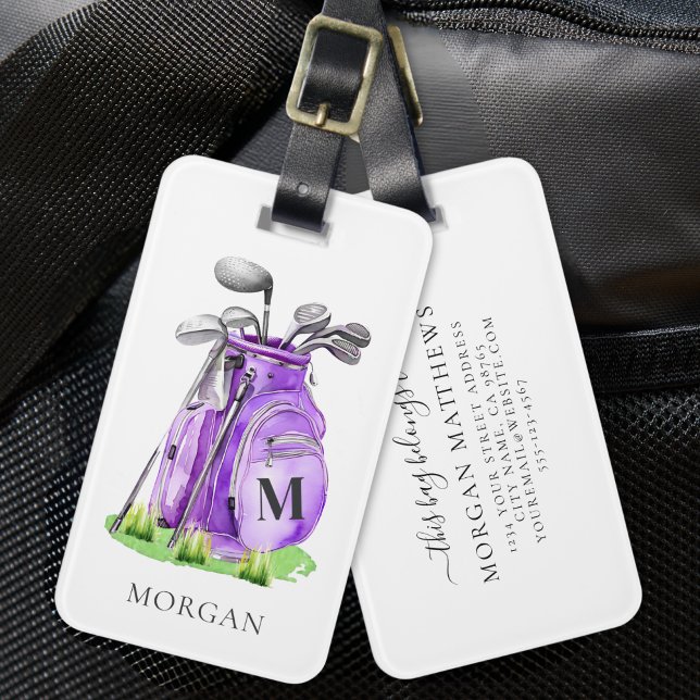 Etiqueta De Bagagem Monograma de Golfe Roxo (Purple Golfer Monogram Luggage Tag)