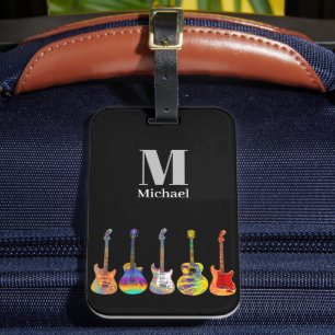 Etiqueta De Bagagem Monograma de Guitarra Psicodélica Funky