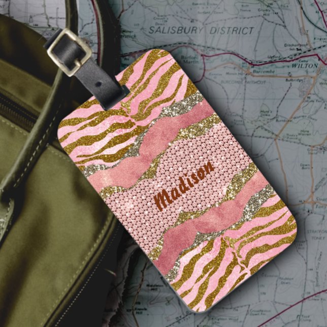 Etiqueta De Bagagem Monograma de impressão rosa de esfregaço elegante (Criador carregado)