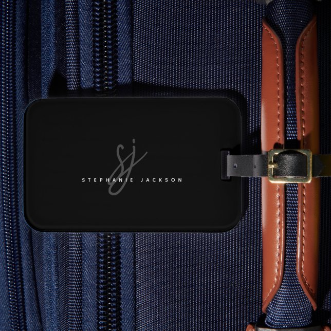 Etiqueta De Bagagem Monograma de Iniciais Mínimas Preto (Frente Insitu 4)