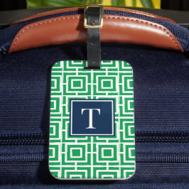 Etiqueta De Bagagem Monograma de Malha Quadrada Preppy - Verde e Azul 
