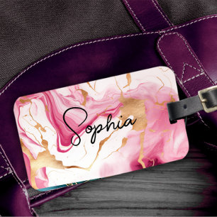 Etiqueta De Bagagem Monograma de mármore marble art, branco-rosado-cla