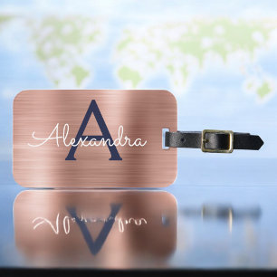 Etiqueta De Bagagem Monograma de metal Dourado e Marinho azul escovado