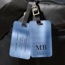 Etiqueta De Bagagem Monograma de Metal Escovado Azul Elegante