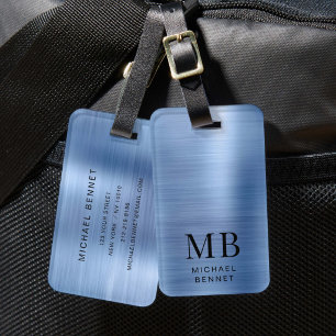 Etiqueta De Bagagem Monograma de Metal Escovado Azul Elegante