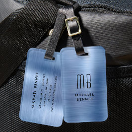 Etiqueta De Bagagem Monograma de Metal Escovado Azul Elegante