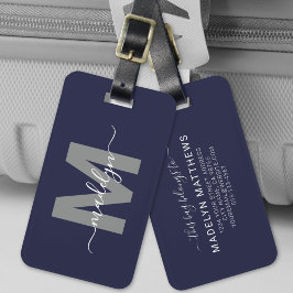 Etiqueta De Bagagem Monograma de Nome Elegante Azul Marinho