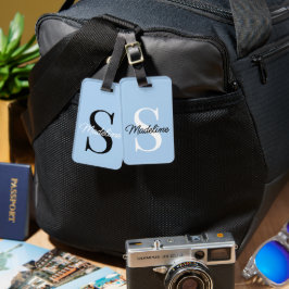 Etiqueta De Bagagem Monograma de Nome Personalizado em Azul-Celeste Pa