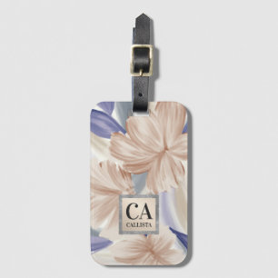 Etiqueta De Bagagem Monograma de Ouro Elegante Azul Silver Floral Glit