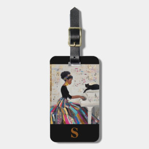 Etiqueta De Bagagem Monograma de Ouro Preto Dama Pianista e Gato