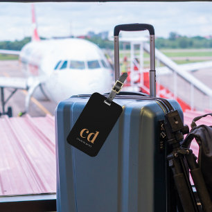 Etiqueta De Bagagem Monograma de ouro preto elegante moderno