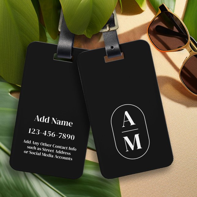 Etiqueta De Bagagem Monograma de pílula mínimo moderno - Branco preto (Custom Luggage Tag - Personalized Bag Tag)