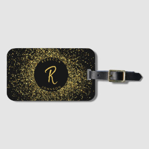 Etiqueta De Bagagem Monograma de quadro de brilho Dourado e preto