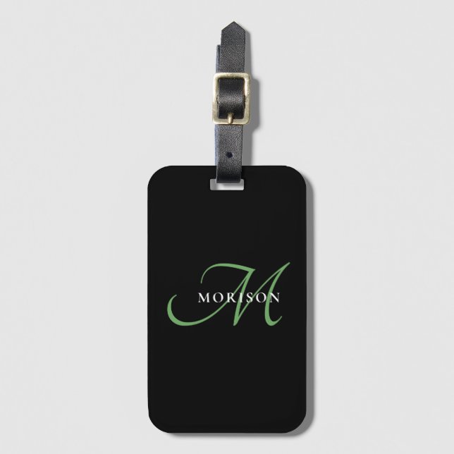 Etiqueta De Bagagem Monograma de Script Verde Preto Moderno Elegante (Frente Vertical)