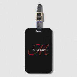 Etiqueta De Bagagem Monograma de Script Vermelho Preto Moderno Elegant