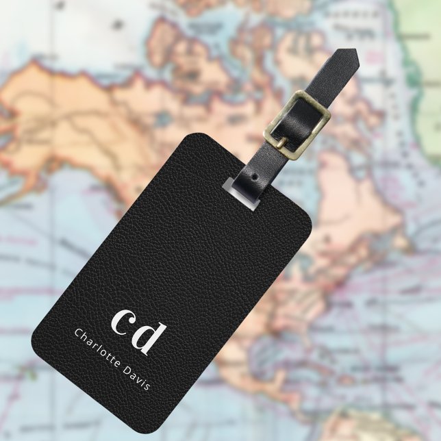 Etiqueta De Bagagem Monograma de textura em couro preto (Criador carregado)