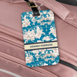 Etiqueta De Bagagem Monograma de Torquoise Azul de Jouy