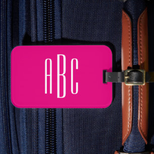 Etiqueta De Bagagem Monograma de Três Letras Rosa Quente e Branco