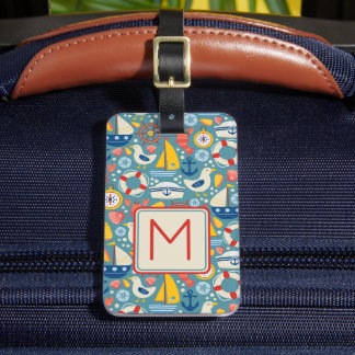 Etiqueta De Bagagem Monograma de Vida do Mar Náutico Curto