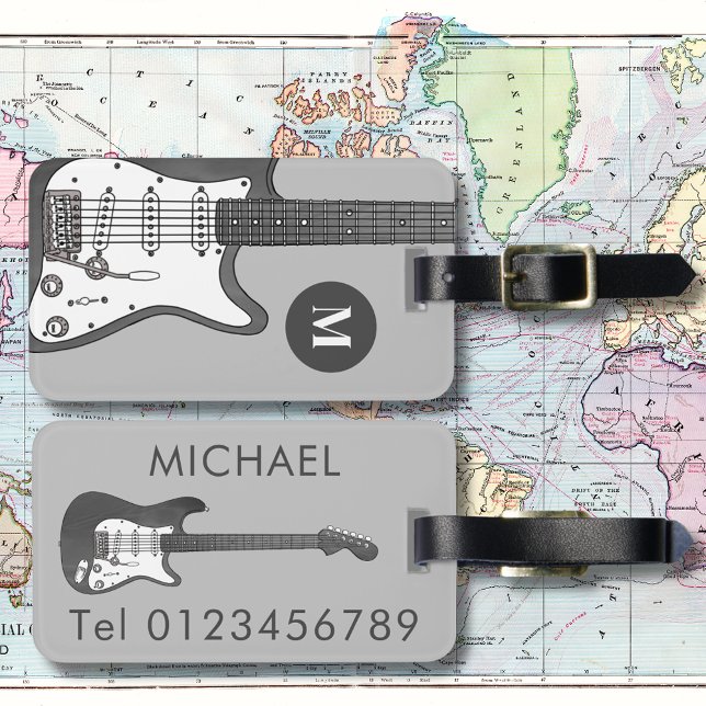 Etiqueta De Bagagem Monograma de Violão Elétrico (Electric guitar gray illustration custom name mobile travel tag for guitarist musician music teacher)