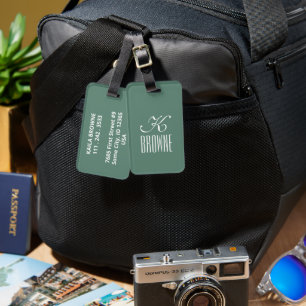 Etiqueta De Bagagem Monograma   Design branco e verde personalizado  