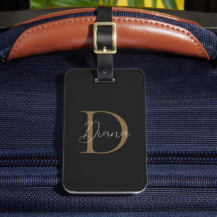 Etiqueta De Bagagem Monograma do Dourado Script Mossy Black Midnight G