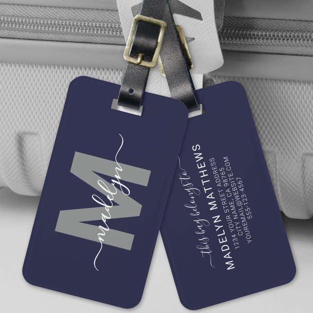 Etiqueta De Bagagem Monograma do Nome Elegante Azul do marinho (Navy Blue Elegant Name Monogram Luggage Tag)