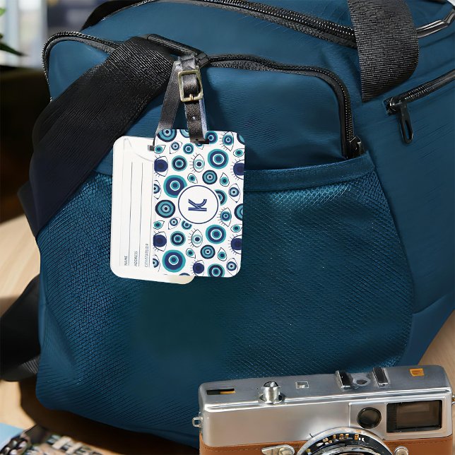 Etiqueta De Bagagem Monograma do padrão Mau grego branco azul (Criador carregado)