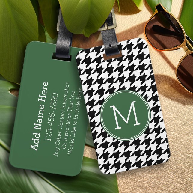 Etiqueta De Bagagem Monograma do padrão sonoro verde preto (Custom Photo Collage Luggage Tag)