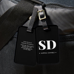 Etiqueta De Bagagem Monograma Dois Retro-Elegante Inicial Branco Preto