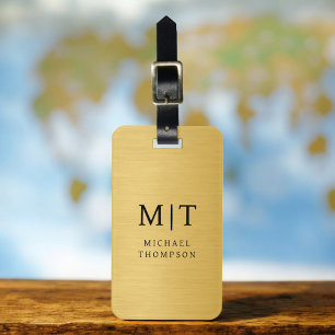 Etiqueta De Bagagem Monograma Dourado Elegante em Metal Brushed