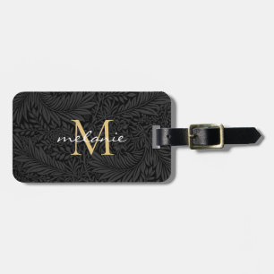 Etiqueta De Bagagem Monograma Dourado Floral Preto Elegante