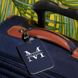 Etiqueta De Bagagem Monograma e Nome Azul do Marinho Elegante Personal