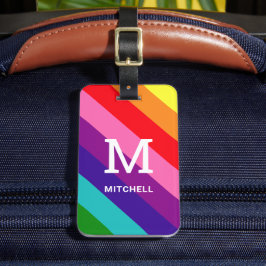 Etiqueta De Bagagem Monograma e Nome com Listra de Arco-Íris Colorida